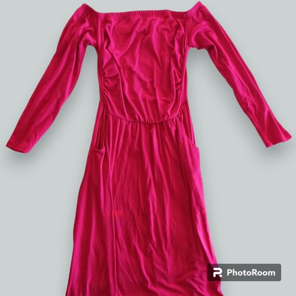 Hot Pink Off-Shoulder High-Waisted Barbie Maxi Dress w/ Pockets Womens Medium - Picture 2 of 5